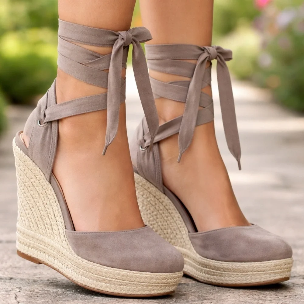 [Steve Madden] Taupe Lace Up Espadrille Wedges